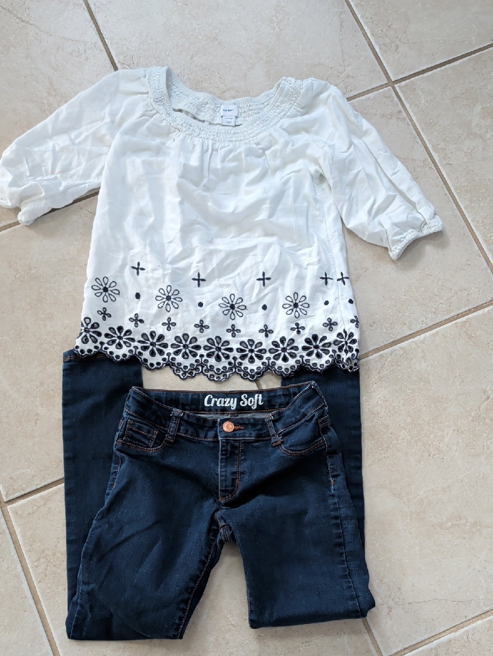 Old Navy White Smocked Neck Top Girls Size 10 And Crazy 8 Blue Jeans Size 10